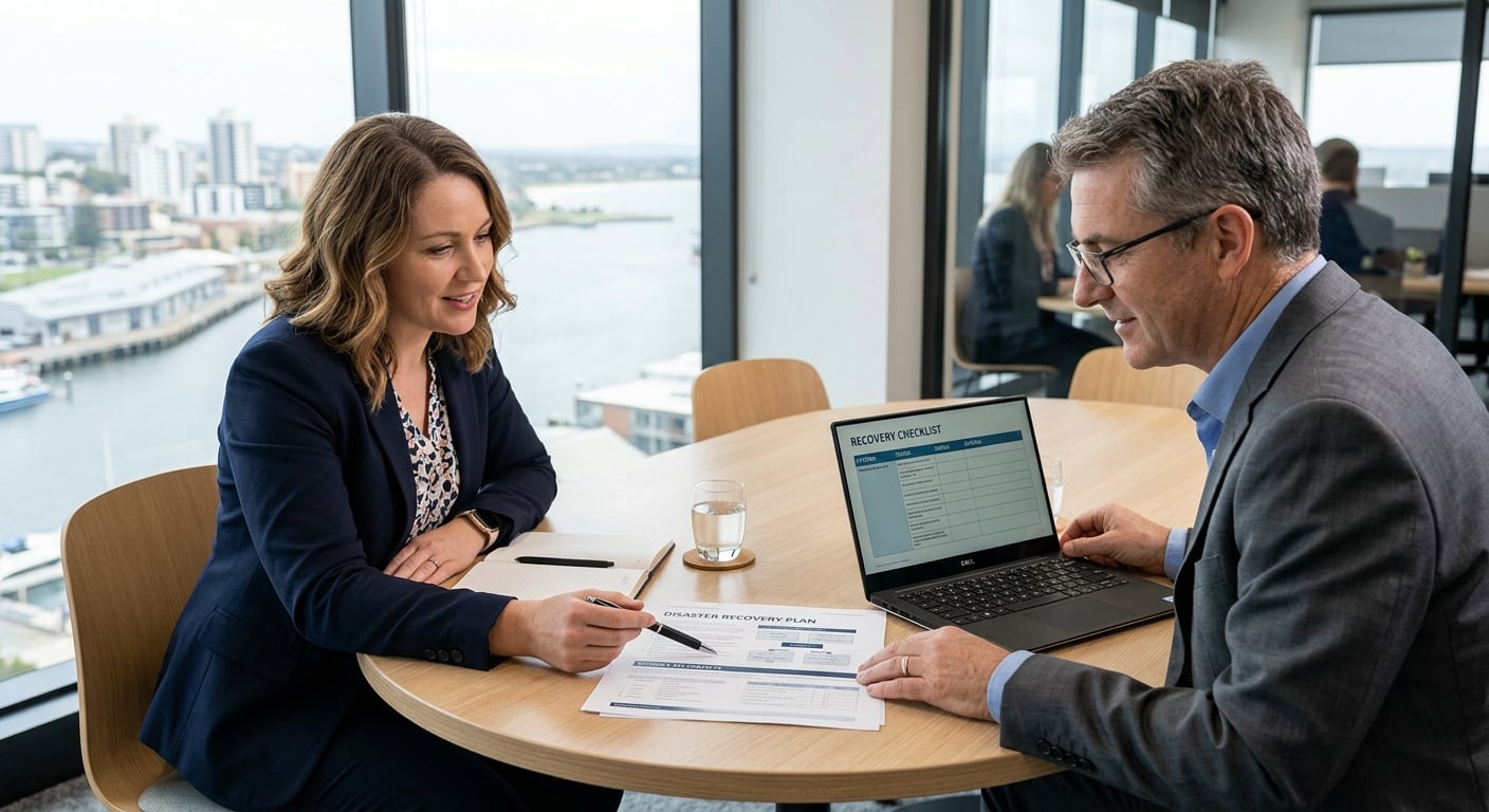 Two Australian business professionals reviewing a disaster recovery planning document in a Newcastle boardroom