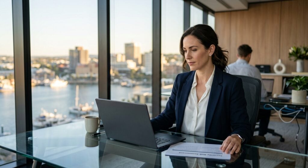 Female IT professional in Newcastle office reviewing supply chain cyber attacks Australia risk assessment report