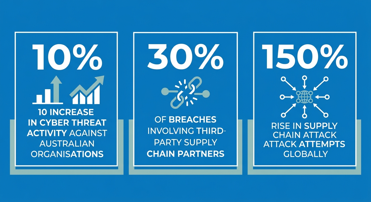 Infographic showing three 2026 statistics on supply chain cyber attacks: 10% rise in Australian threats, 30% of breaches involve third parties, 150% increase in supply chain attack attempts