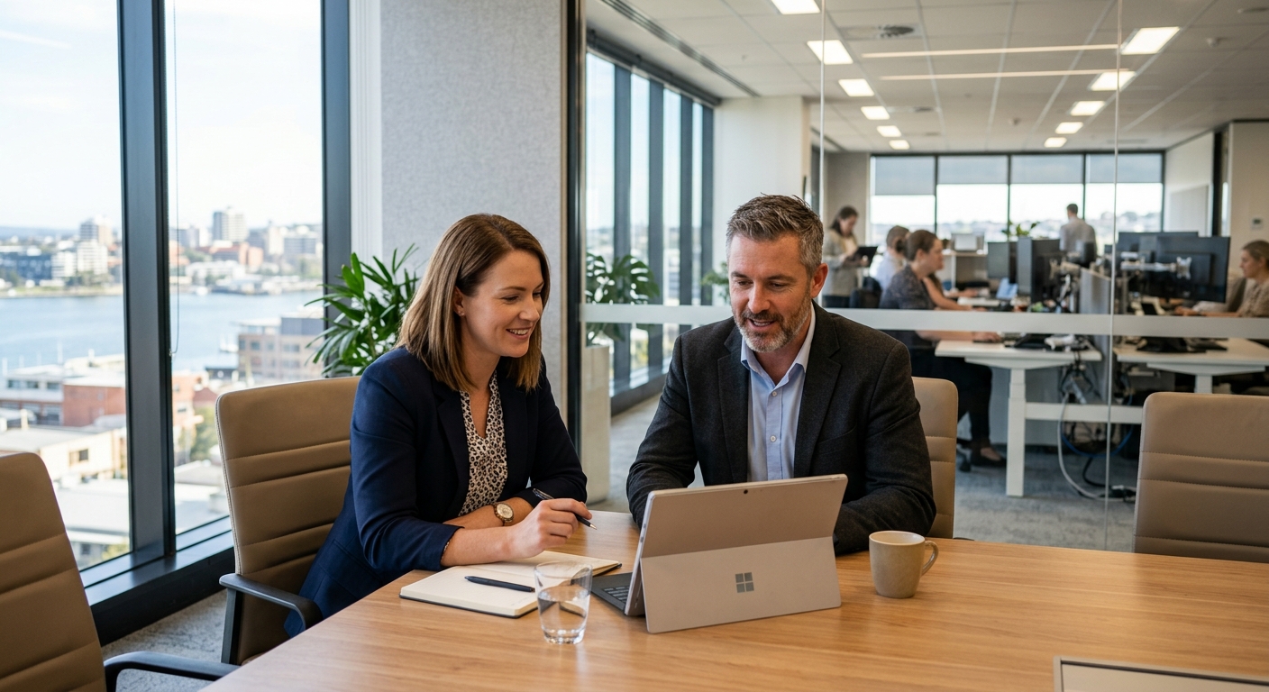 Two Australian IT professionals collaborating in a boardroom to review supply chain cyber security vendor risks