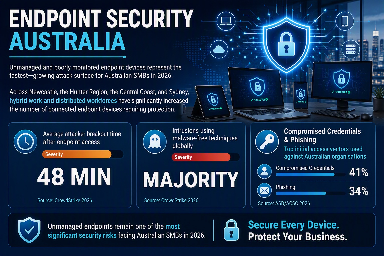 Infographic showing three endpoint security Australia statistics: 48-minute attacker breakout time, majority of attacks are malware-free, and credentials and phishing are the top two entry vectors per ASD ACSC and CrowdStrike 2026