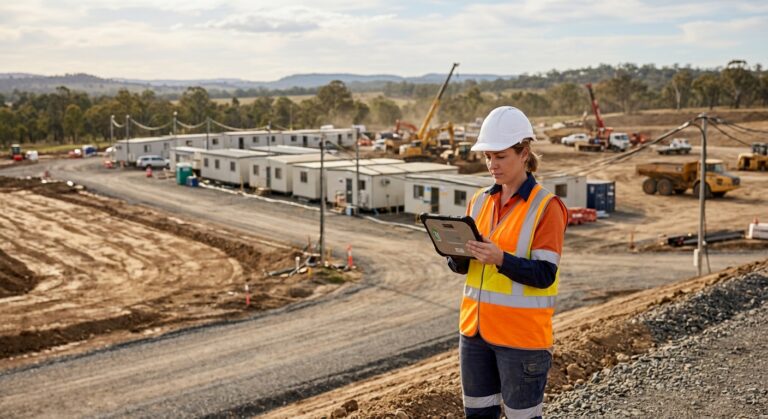 Female tradesperson reviewing tablet at Hunter Region job site illustrating endpoint security Australia risks across distributed work environments