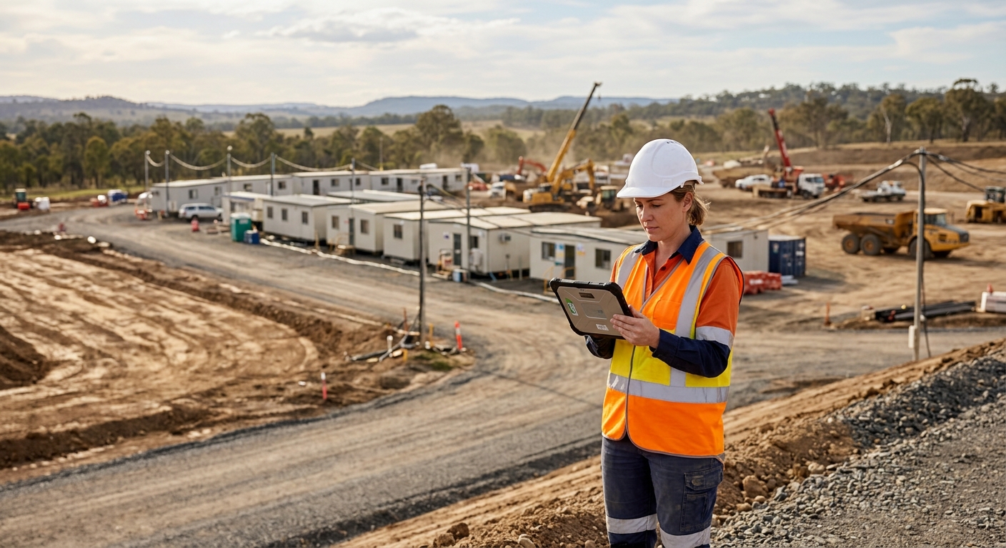 Female tradesperson reviewing tablet at Hunter Region job site illustrating endpoint security Australia risks across distributed work environments
