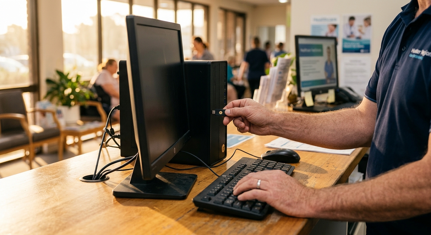 Close-up of healthcare receptionist managing endpoint device in a Newcastle clinic, illustrating endpoint security Australia risks in small professional practices