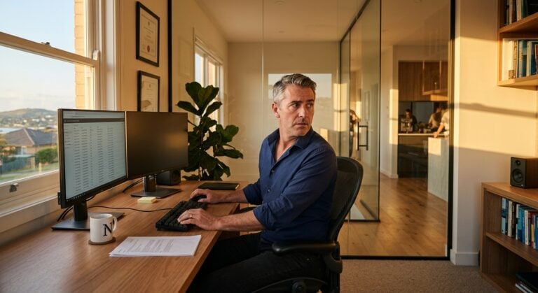 Business professional monitoring insider threats Australia from a Newcastle home office at golden hour