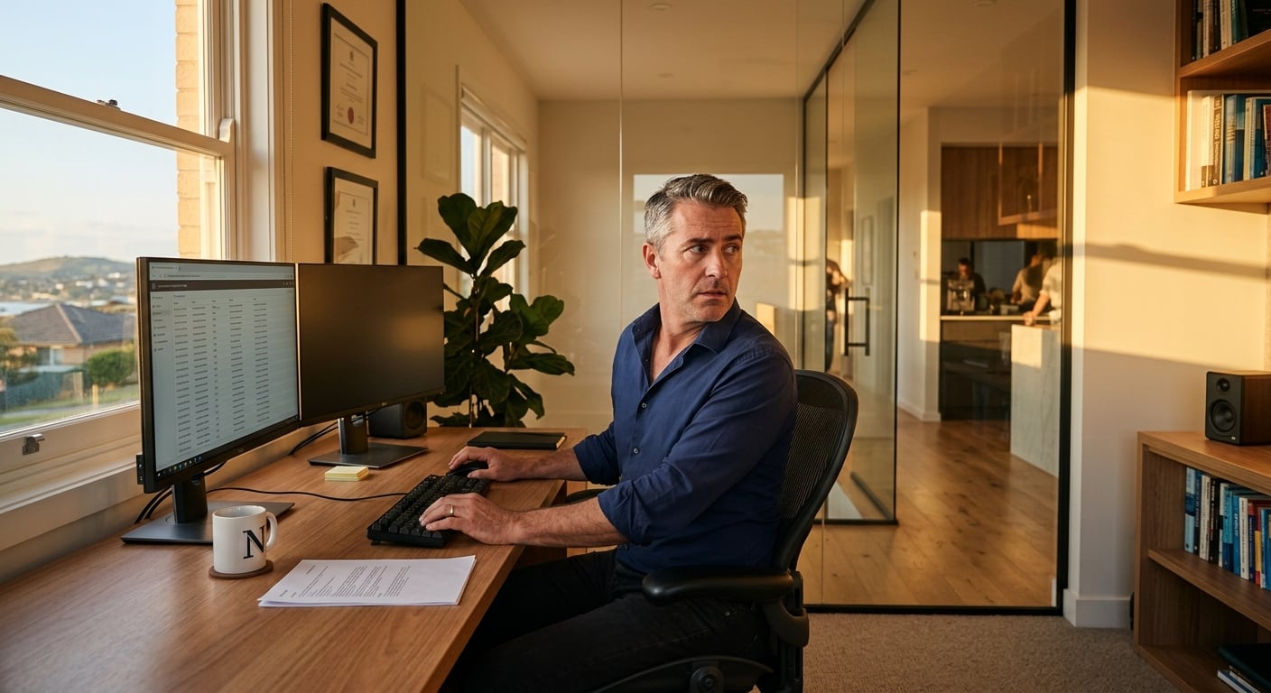 Business professional monitoring insider threats Australia from a Newcastle home office at golden hour