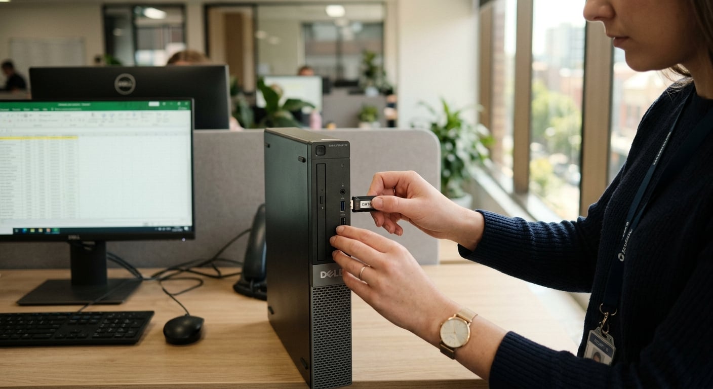 Close-up of a USB drive being inserted into a workstation illustrating insider data theft risks for Australian businesses
