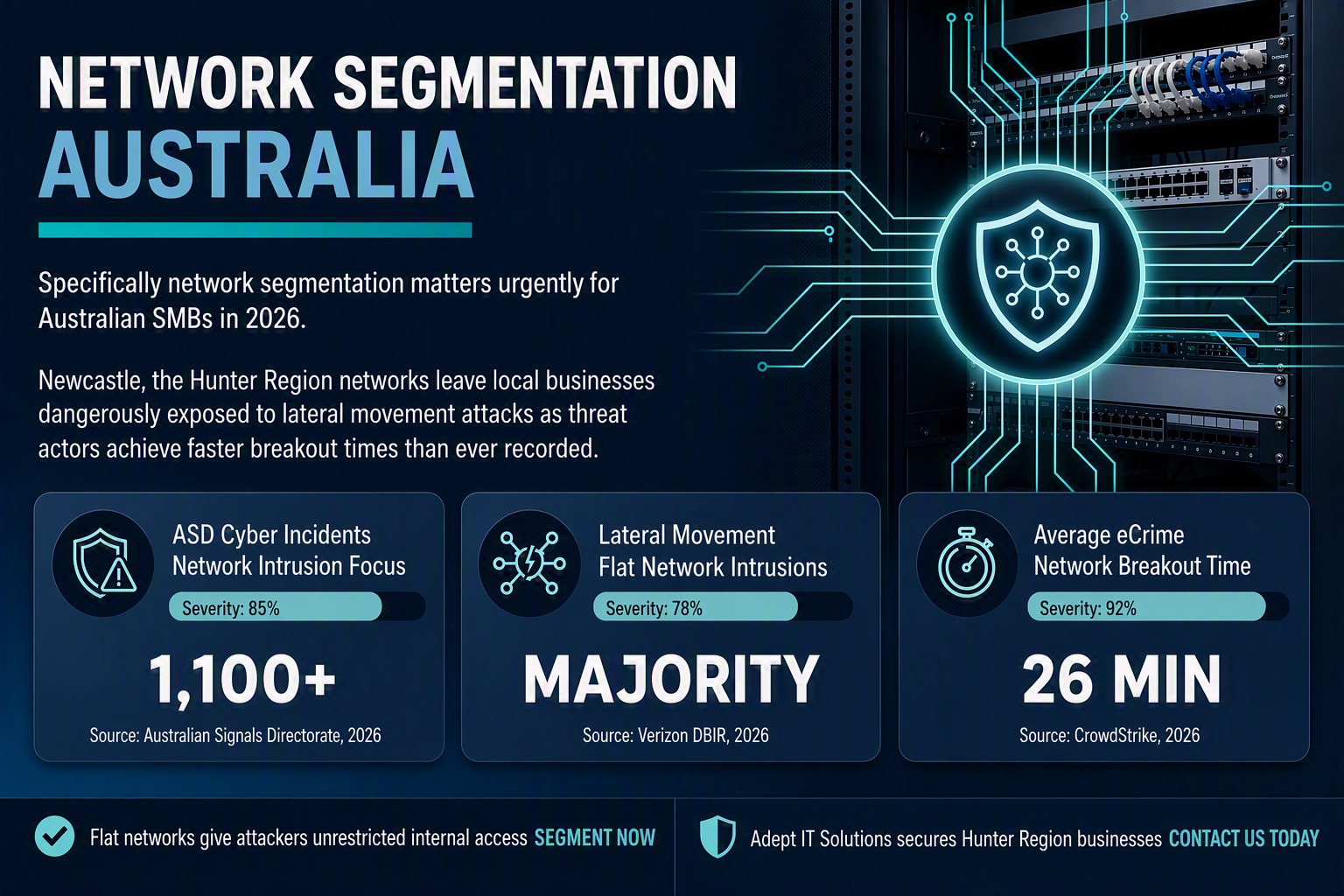 Infographic showing network segmentation Australia statistics including 1,100+ ASD incidents, majority involving lateral movement, and 26-minute average attacker breakout time