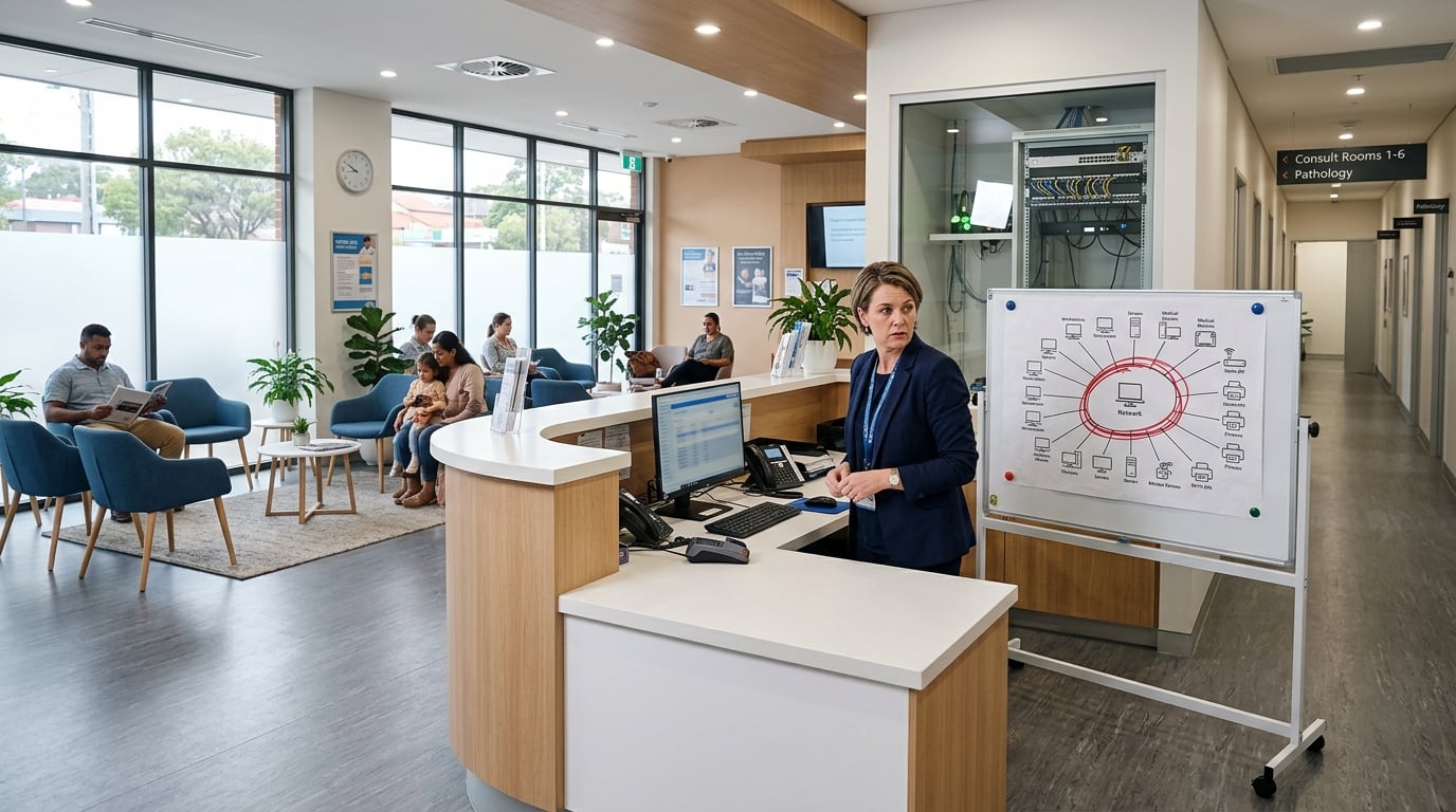 Practice manager reviewing flat network diagram highlighting network segmentation Australia risks in a Hunter Region healthcare clinic