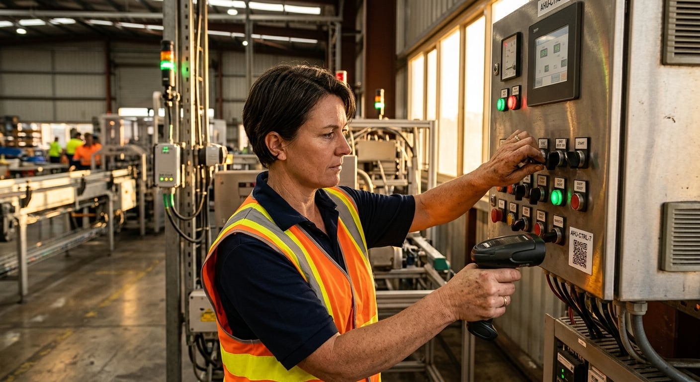 Operational technology security Australia — female engineer adjusting industrial control panel with IoT sensors in Hunter Region manufacturing facility