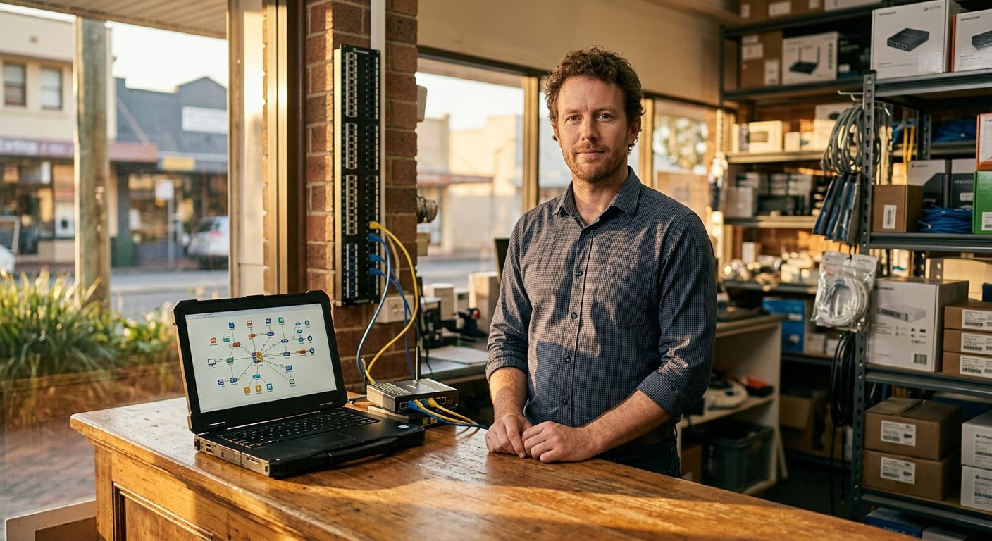 IT technician at Newcastle retail counter reviewing OT network topology alongside industrial IoT gateway device illustrating IT OT convergence security risks