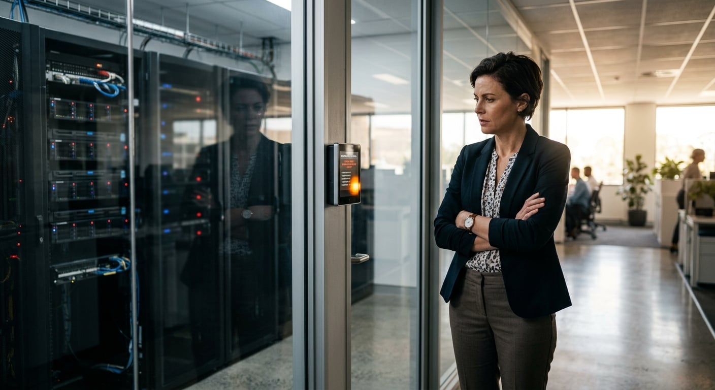 IT manager reviewing privileged access management Australia security alerts at a Newcastle SMB server room