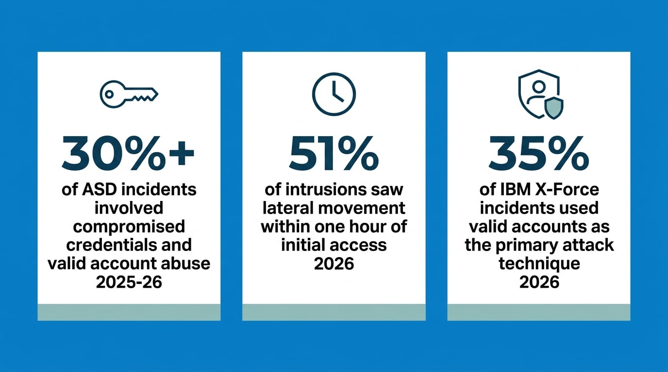Infographic showing three 2026 statistics on privileged access abuse and lateral movement risk for Australian SMBs