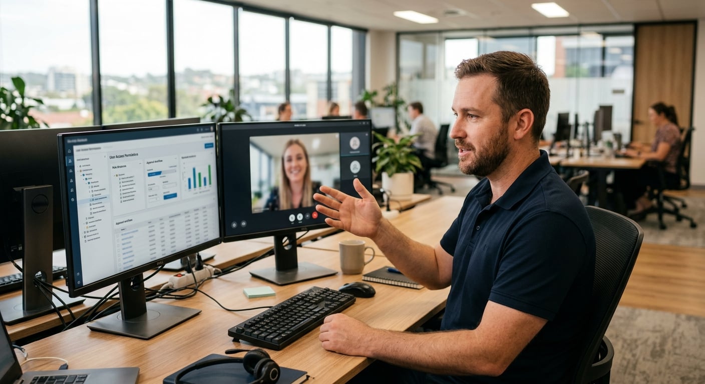 IT technician explaining privileged access management controls to a remote colleague in a Hunter Region Australian office