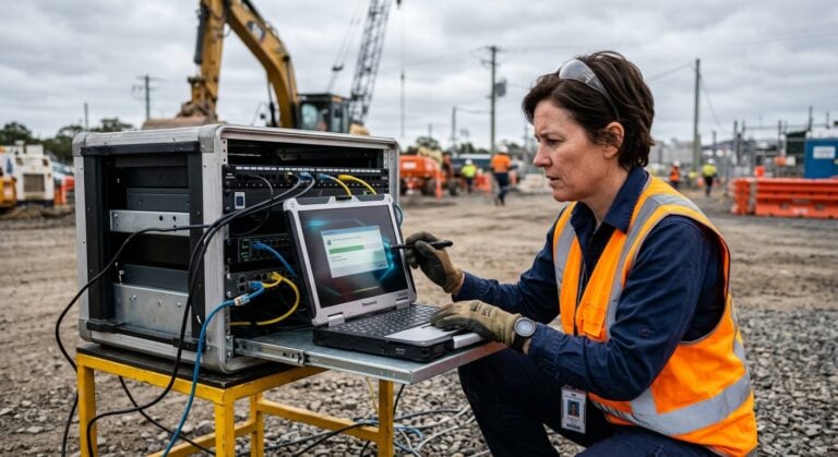 Field technician performing ransomware recovery Australia on ruggedised laptop at Hunter Region job site