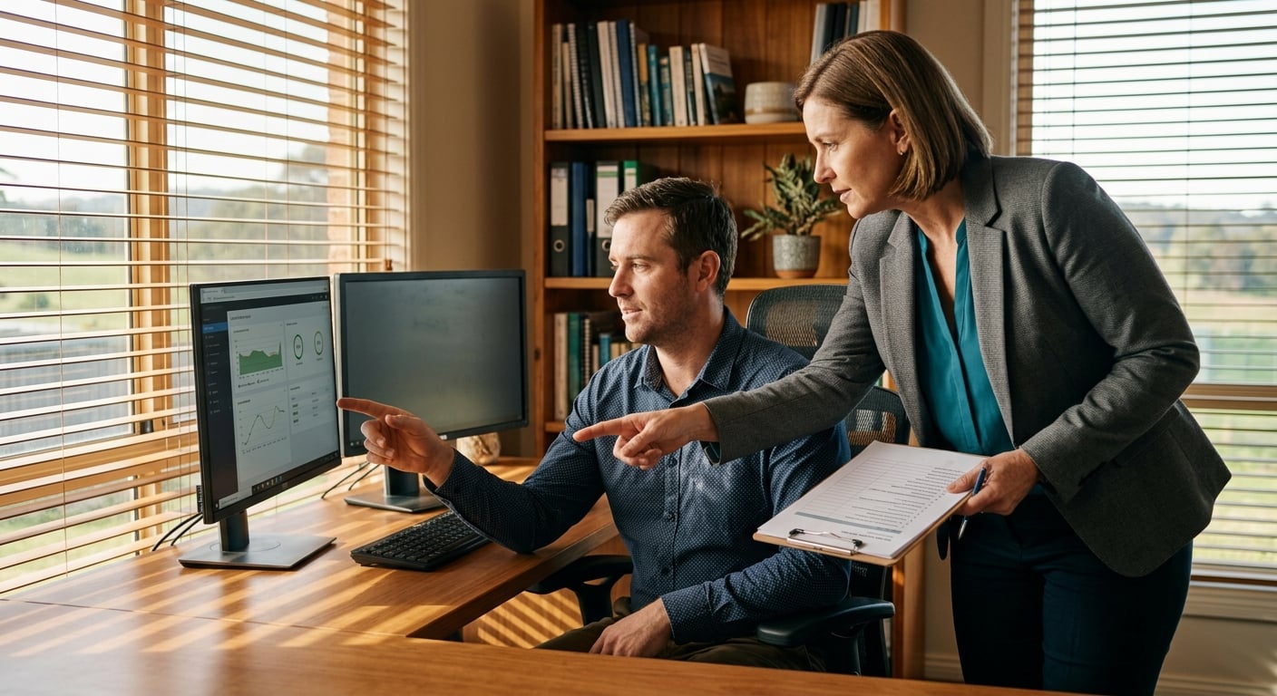 IT specialist and business owner reviewing ransomware recovery Australia response plan in home office with golden hour light