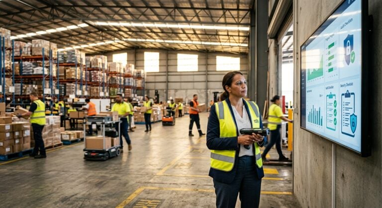 Privacy Act reforms Australia compliance — warehouse manager reviewing data privacy audit dashboard in Hunter Region facility