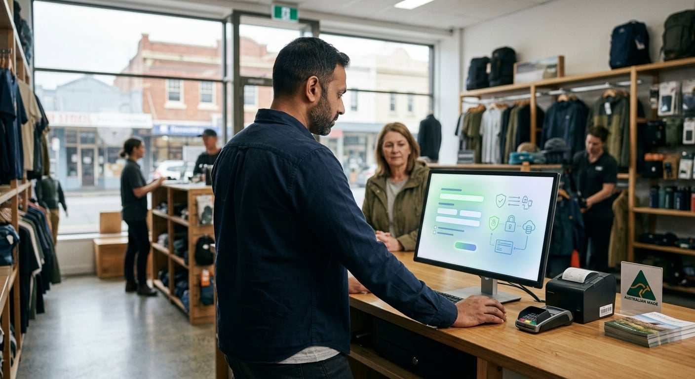 SMB owner reviewing Privacy Act reforms Australia compliance checklist at retail counter in Newcastle