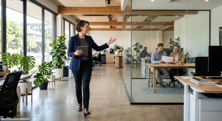 Australian business professional walking through modern Newcastle office reviewing AI governance for small business policy on tablet