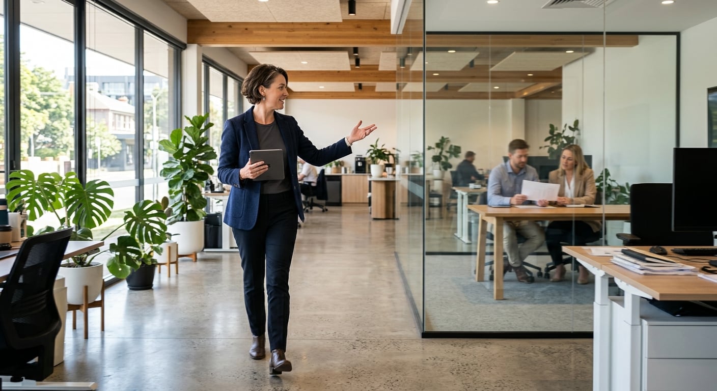 Australian business professional walking through modern Newcastle office reviewing AI governance for small business policy on tablet