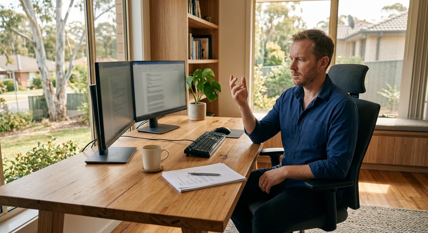 Remote worker in Newcastle home office pausing mid-task while reviewing AI governance for small business policy considerations on dual-monitor setup