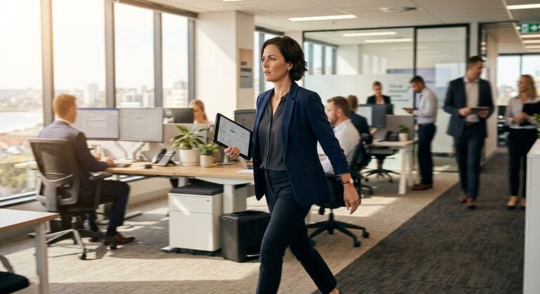 IT manager reviewing cloud backup compliance Australia status on tablet while walking through Newcastle office
