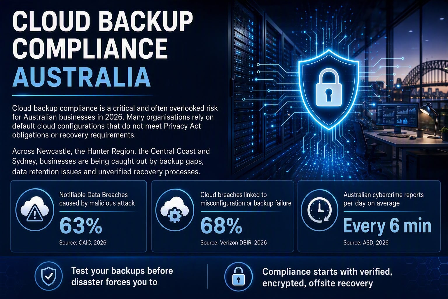 Infographic showing cloud backup compliance Australia statistics: 63% of data breaches from malicious attack, 68% cloud breaches from misconfiguration, cybercrime every 6 minutes in Australia