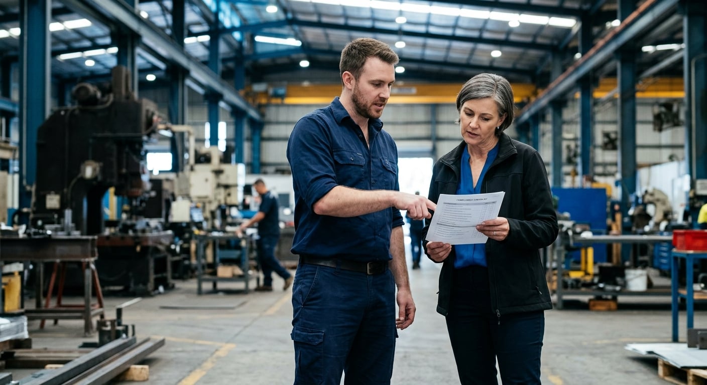 Two professionals reviewing cloud backup compliance Australia checklist together on an industrial factory floor in Newcastle