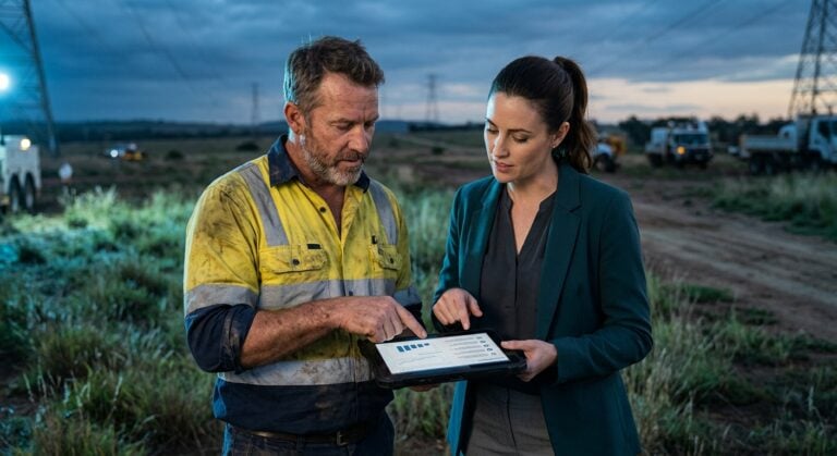 Two professionals reviewing a cyber insurance Australia policy on a tablet at an outdoor Hunter Region field site