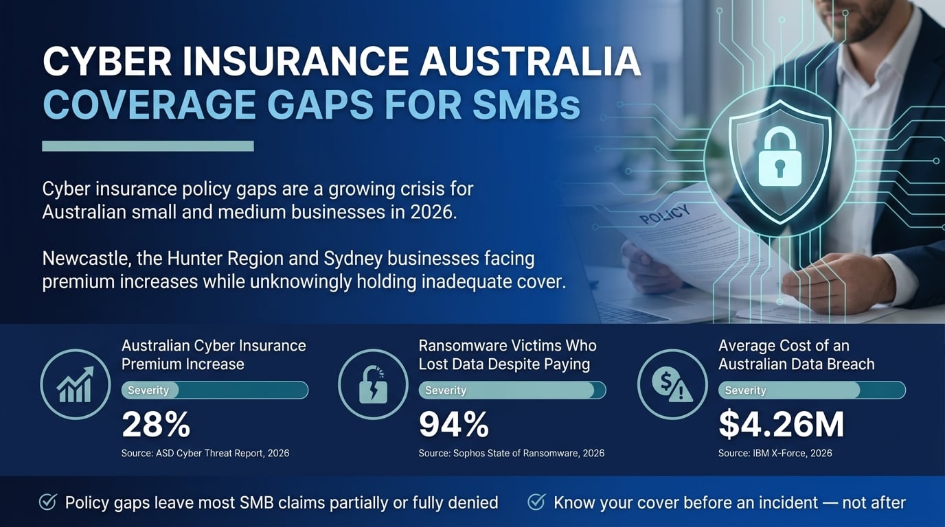 Infographic showing cyber insurance Australia coverage gaps with stats: 28% premium rise, 94% ransomware data loss, $4.26M average breach cost