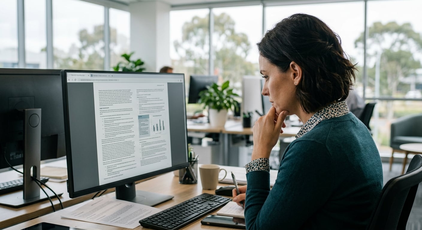 Business owner reviewing a cyber insurance Australia policy document on a monitor in a Newcastle open-plan office