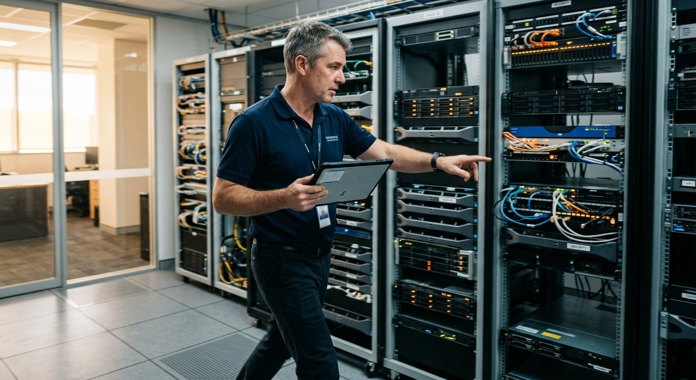 IT security professional responding to a dark web monitoring Australia alert in a Newcastle server room