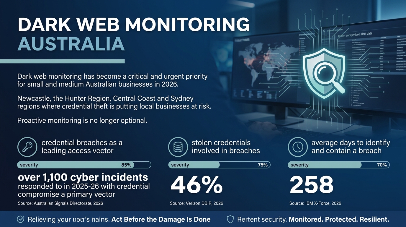 Infographic showing dark web monitoring Australia statistics including 258 days average breach detection time and 46 percent of breaches involving stolen credentials