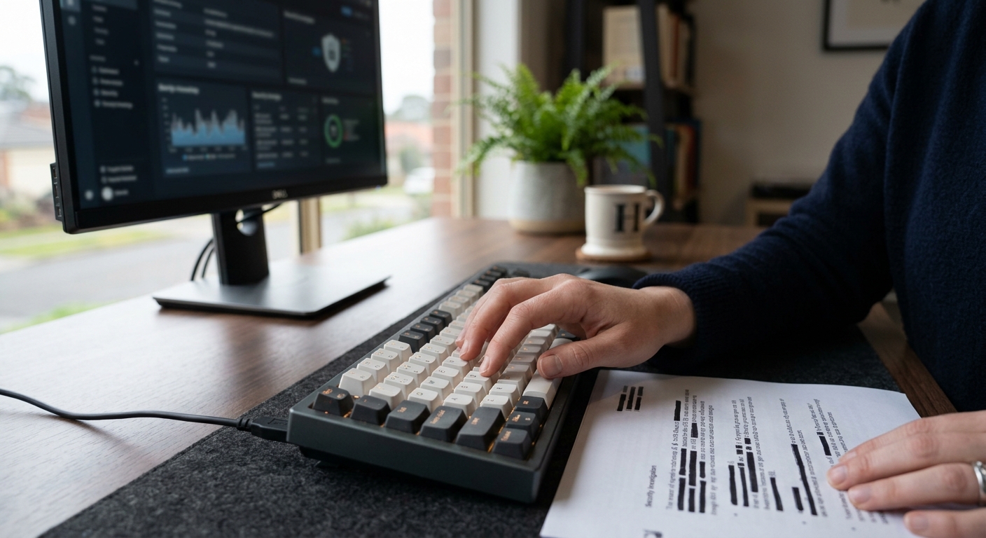 Close-up of hands reviewing dark web monitoring Australia threat intelligence data in a Hunter Region home office