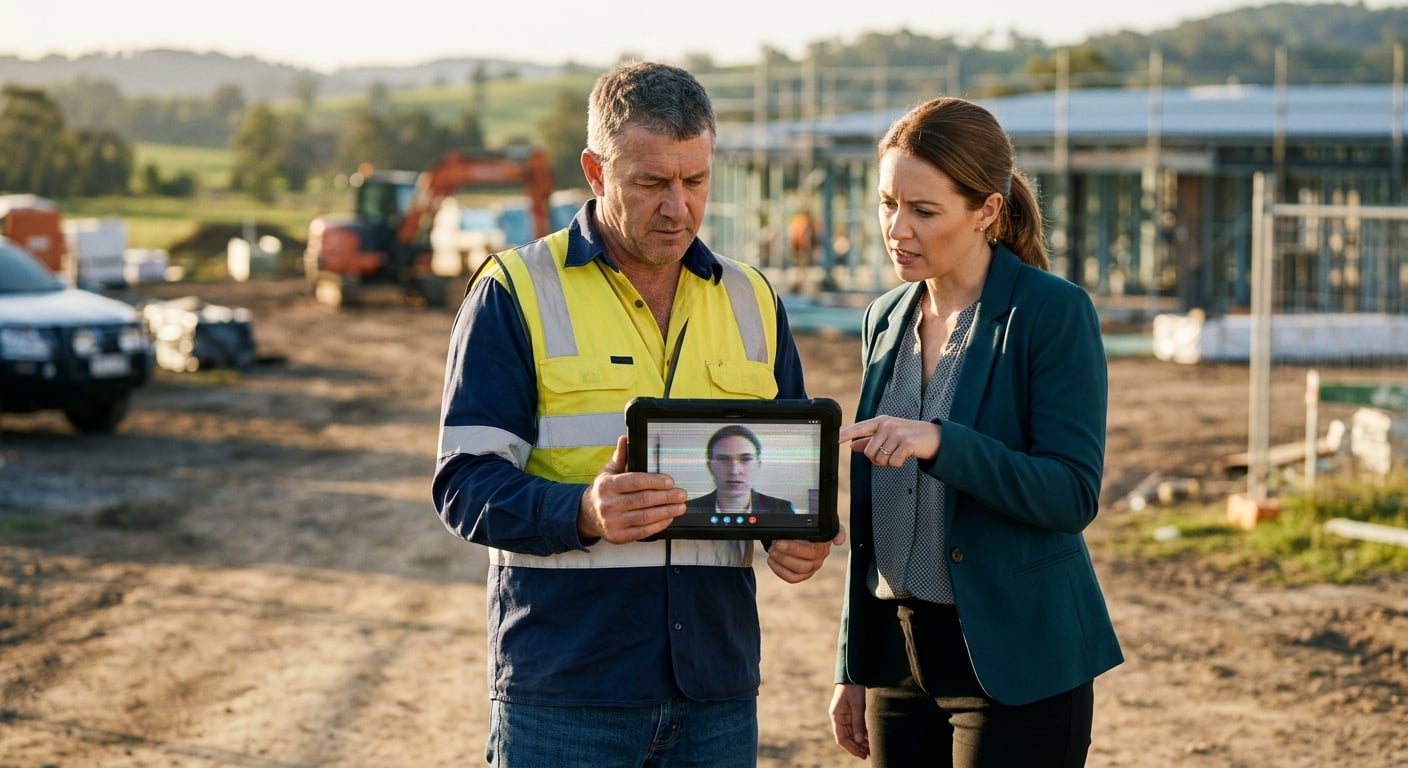 Two professionals reviewing a suspicious video call on a tablet at a Hunter Region job site, illustrating deepfake fraud detection for Australian SMBs