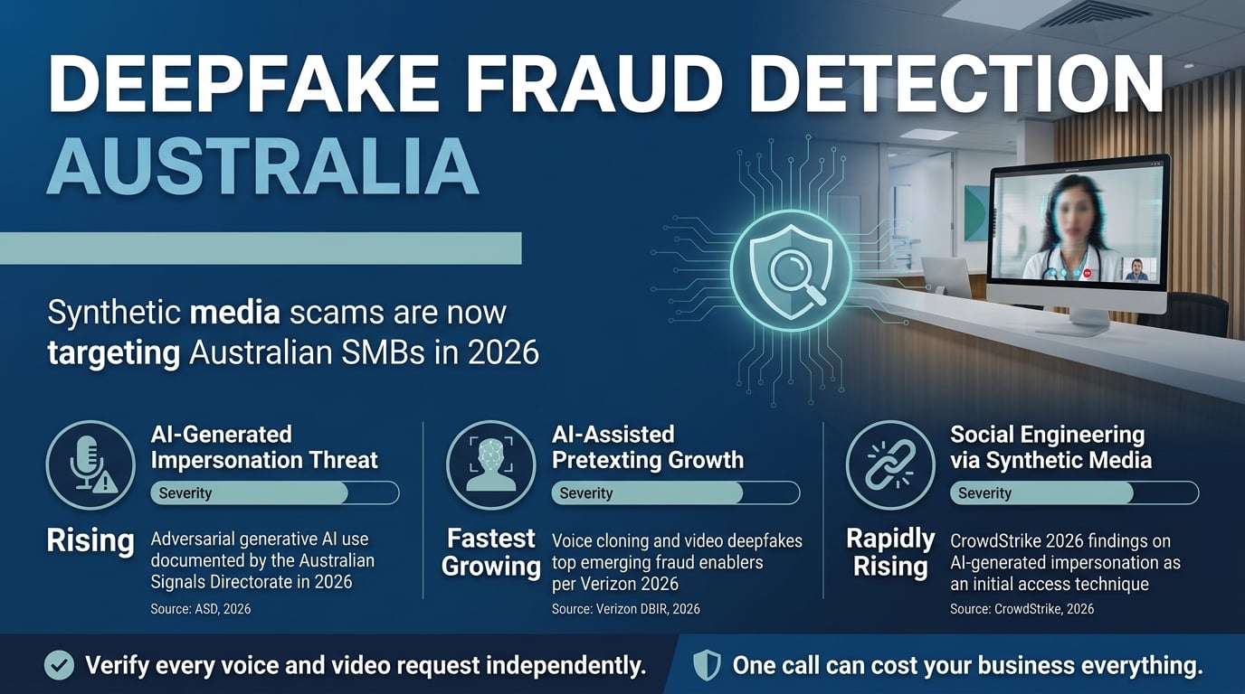 Infographic showing three 2026 statistics on deepfake fraud detection risks for Australian SMBs, sourced from ASD, Verizon and CrowdStrike
