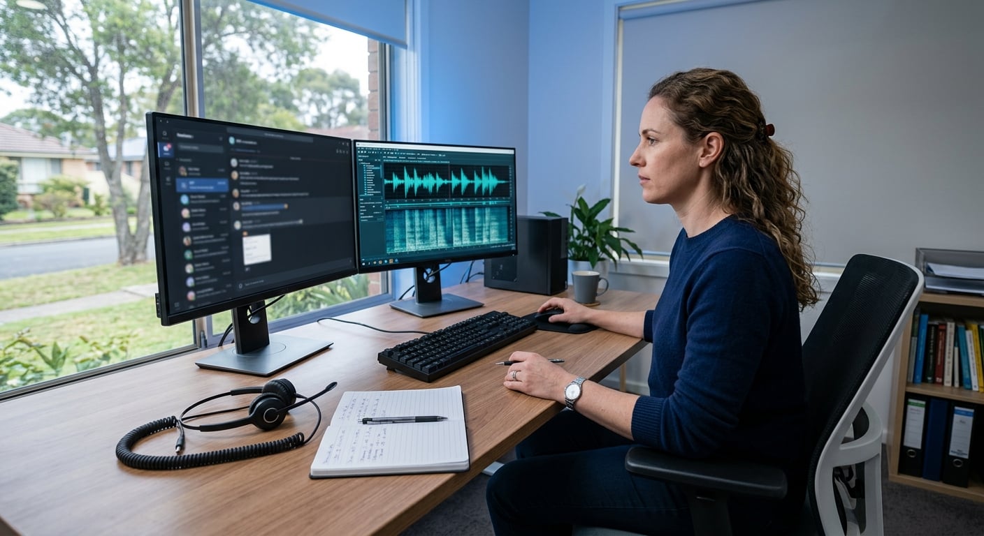 Australian woman in home office analysing a suspicious audio file as part of a deepfake fraud detection process, Hunter Region NSW