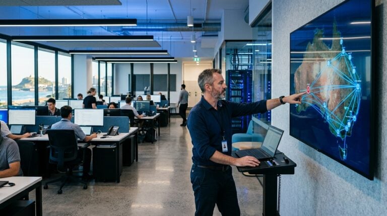 Network engineer reviewing multi-site network security Australia topology map in a Newcastle office