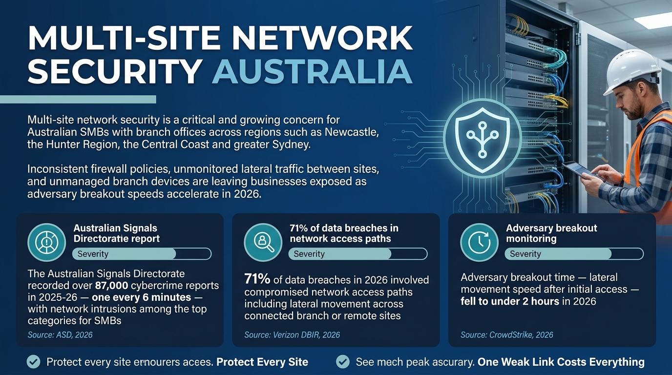 Infographic showing multi-site network security Australia statistics: 87,000 ASD cybercrime reports, 71% breaches via network access, under 2-hour adversary breakout time
