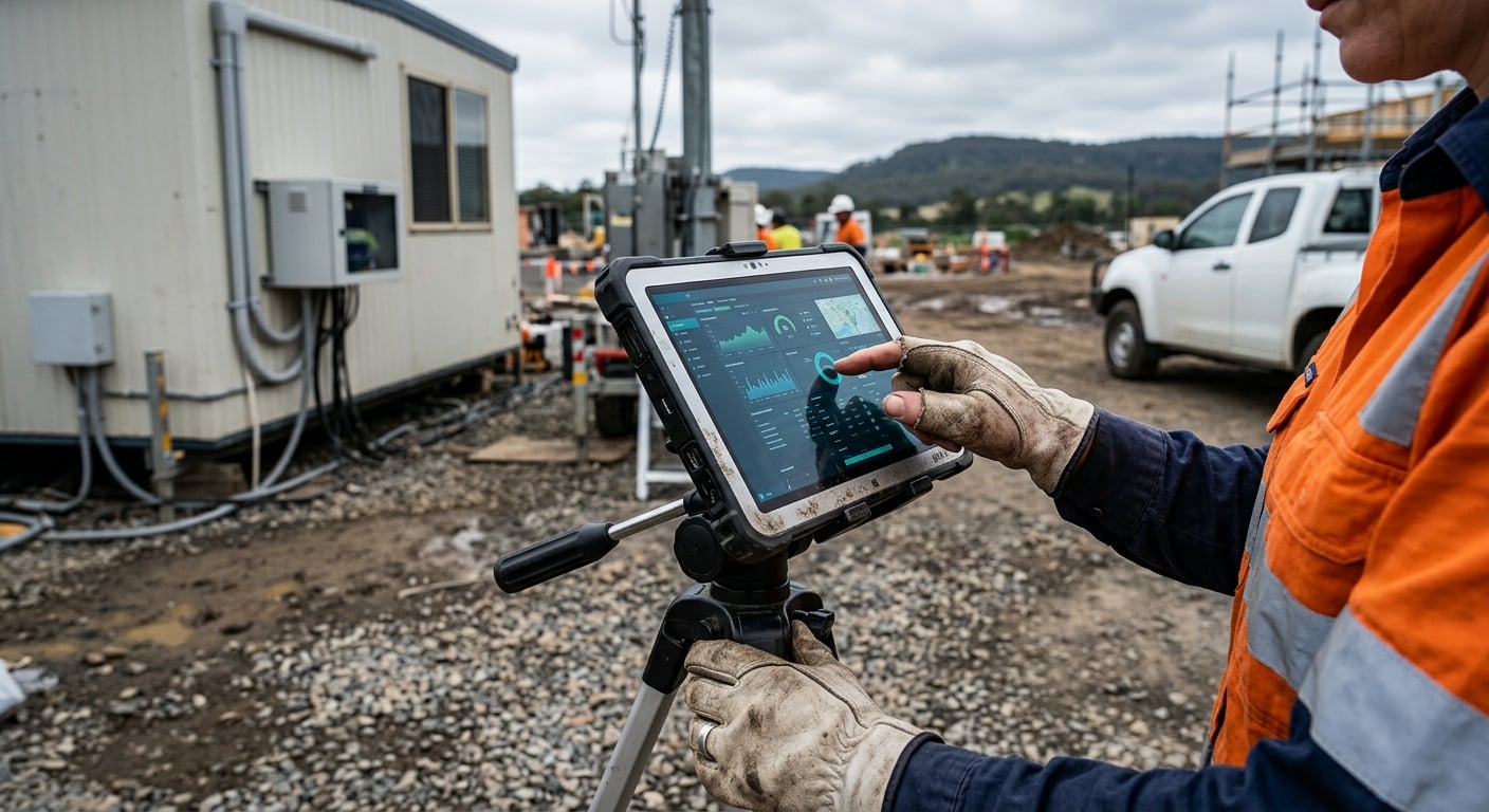 Tradesperson managing multi-site network security Australia on a ruggedised tablet at a Hunter Region job site