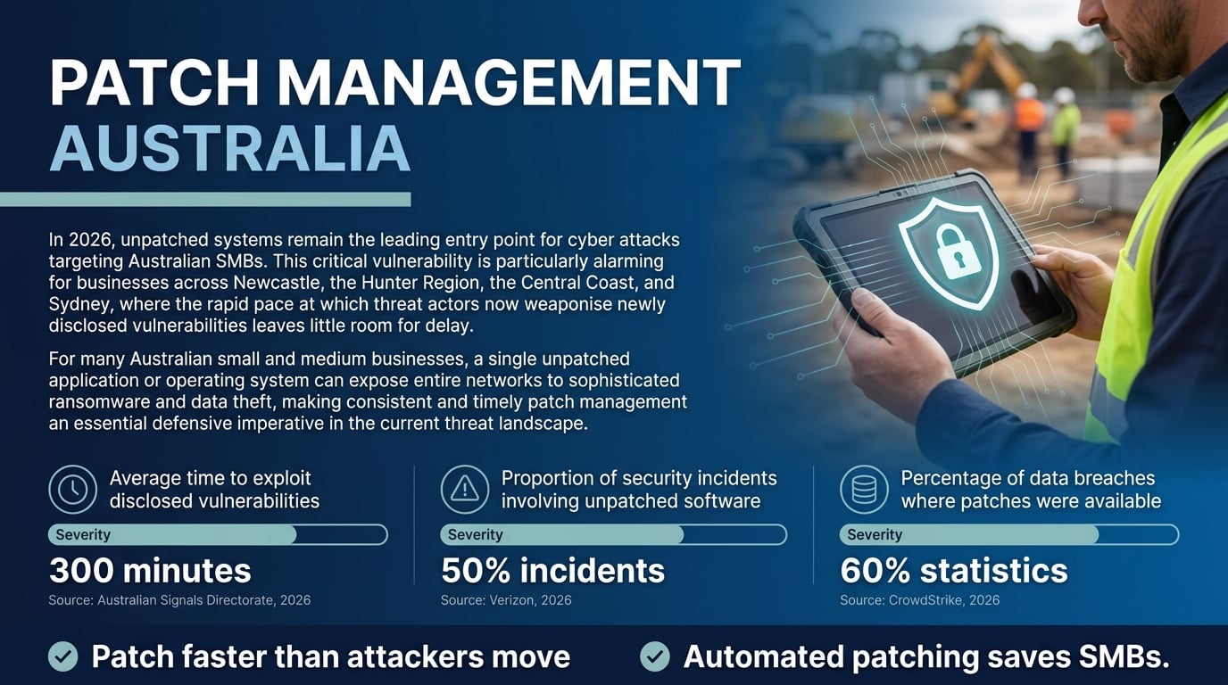 Infographic showing patch management Australia statistics: 30% of ASD incidents from unpatched systems, 60% of breaches had patches available, exploits now under 5 days