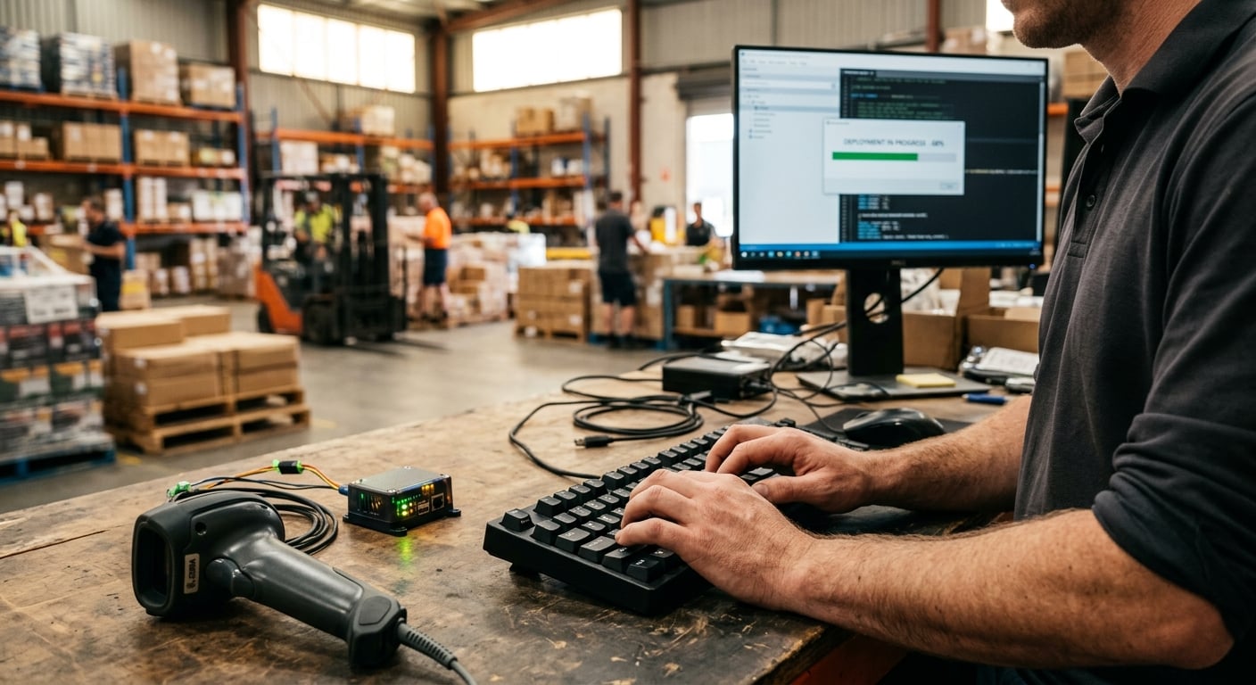 IT technician performing patch management Australia deployment on warehouse workbench in the Hunter Region