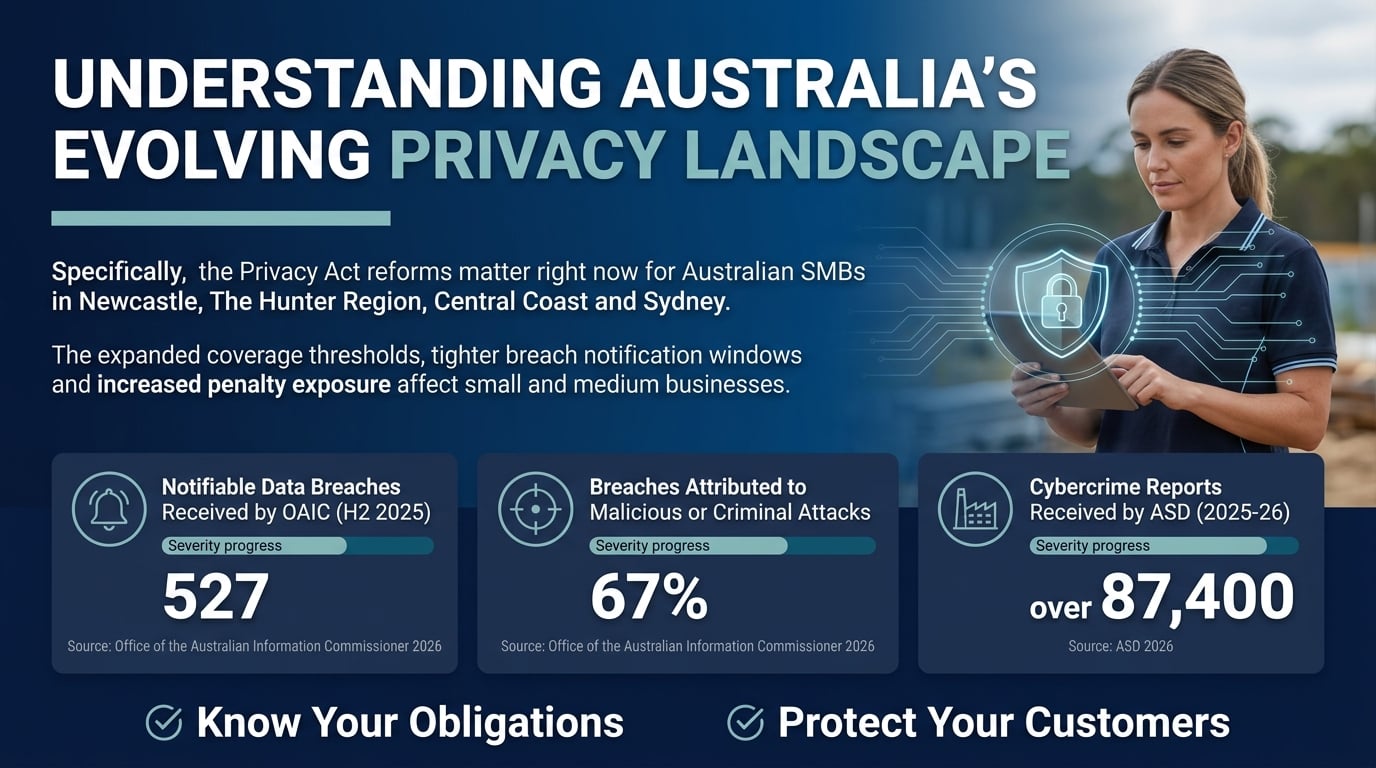 Infographic showing 527 notifiable data breaches, 67% malicious attacks, and 87,400 cybercrime reports — Privacy Act reforms Australia 2026 statistics