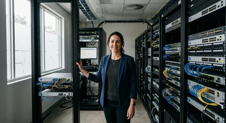 IT professional overseeing server rack in Newcastle data centre reviewing secure remote access Australia infrastructure