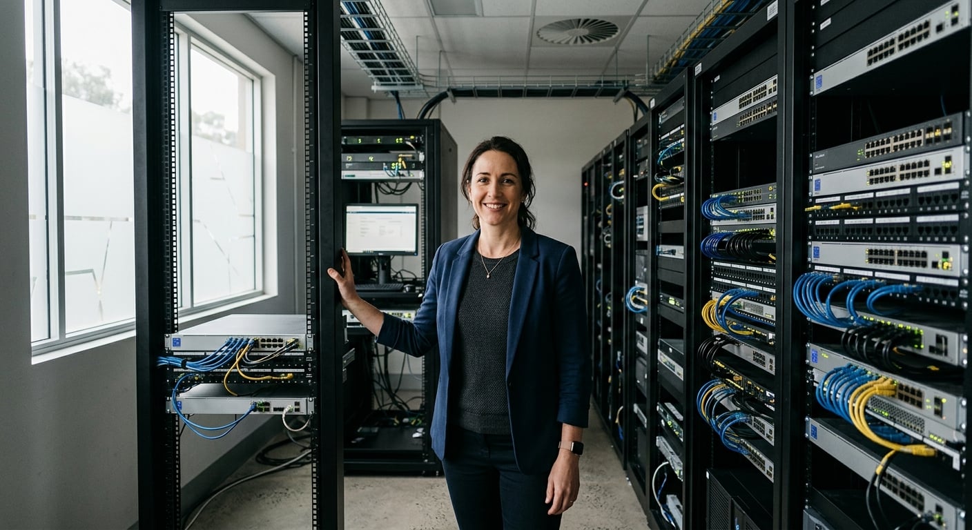 IT professional overseeing server rack in Newcastle data centre reviewing secure remote access Australia infrastructure