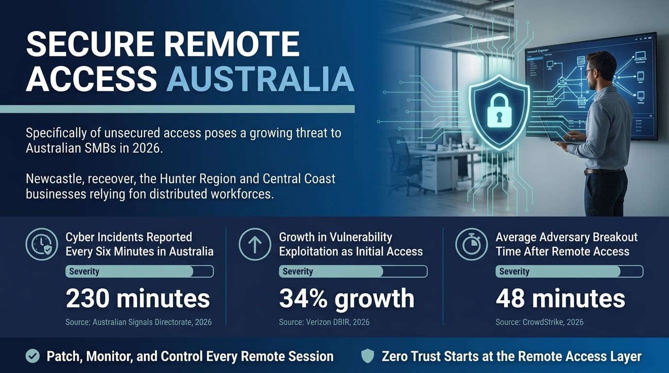 Infographic showing secure remote access Australia statistics: ASD cybercrime frequency, 34% rise in vulnerability exploitation, and 48-minute adversary breakout time