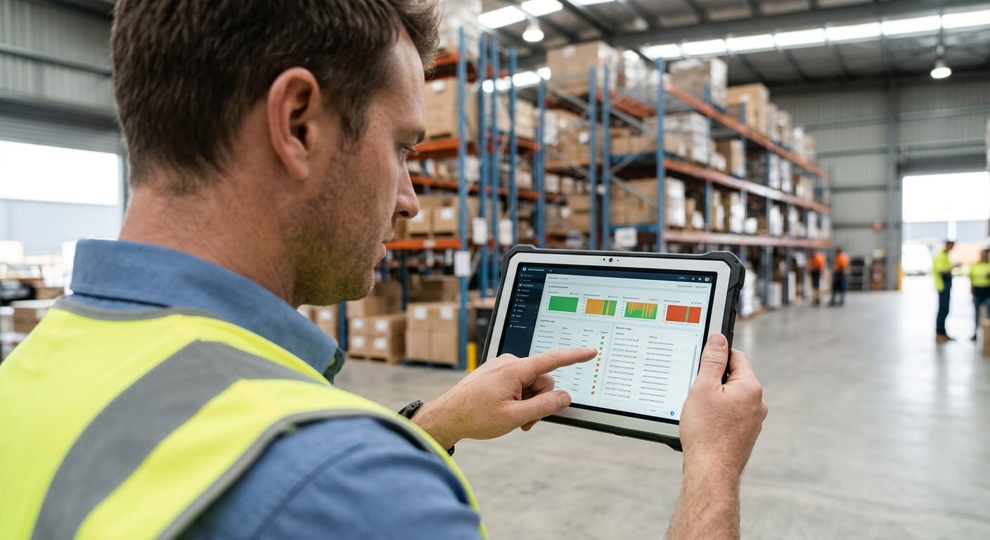 Logistics worker on warehouse floor reviewing secure remote access Australia session dashboard on ruggedised tablet
