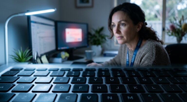 Security awareness training Australia, woman reviewing a phishing simulation alert on a home office monitor in Newcastle