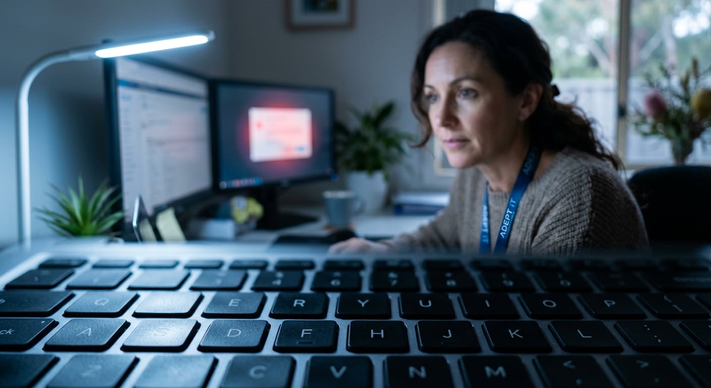 Security awareness training Australia, woman reviewing a phishing simulation alert on a home office monitor in Newcastle