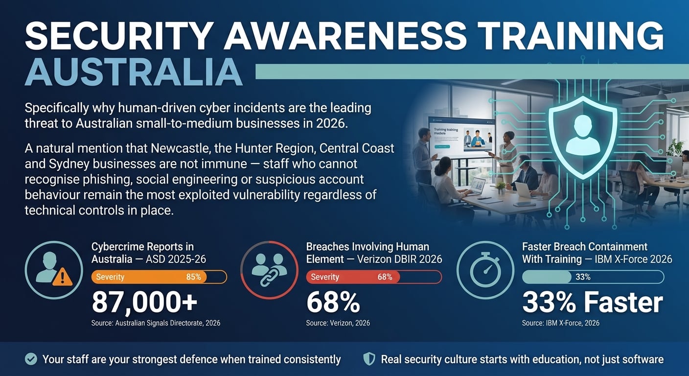 Infographic showing 87,000+ ASD cybercrime reports, 68% of breaches involve human error per Verizon, and 33% faster containment with security awareness training per IBM X-Force